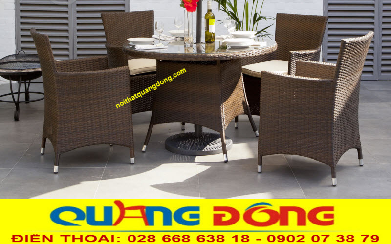 B&agrave;n ghế nhựa giả m&acirc;y QD-064 sản xuất chất lượng, bảo h&agrave;nh 12 th&aacute;ng, m&agrave;u n&acirc;u giả gỗ