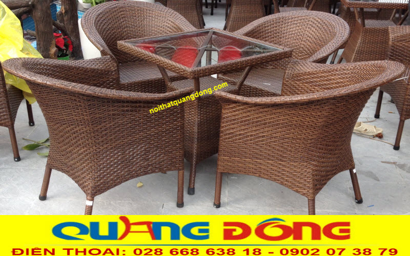 Bàn ghế ngoài trời|Bàn ghế cafe Bàn ghế giả mây QD-272 màu nâu giả gỗ, thiết kế đẹp, chất lượng cao, đan mây nhựa cao cấp.