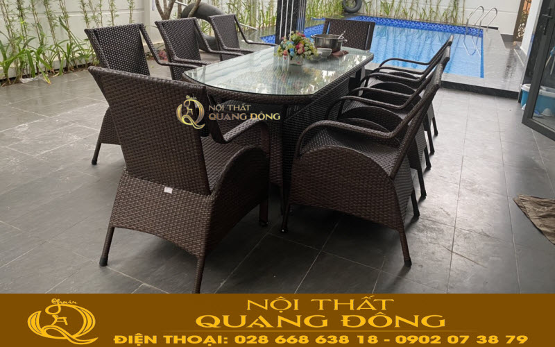 Mẫu bàn ghế BBQ ngoài trời giả mây QD-2076 Bộ bàn ghế giả mây QD-2076 sử dụng 8 ghế 1 bàn tuyệt đẹp cho không gian ngoại thất