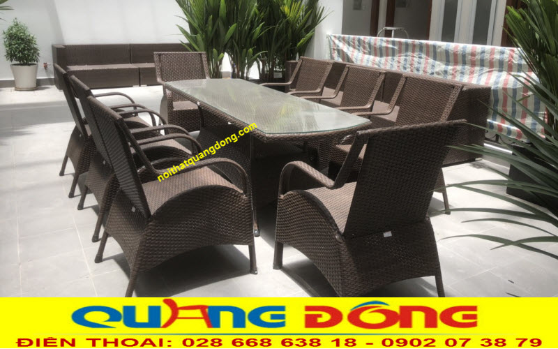 Bộ bàn ghế ăn|Mẫu bàn ghế mây nhựa QD-2076 Bàn ghế đan thủ công mây nhựa, bàn ghế ăn 6 ghế hoặc 8 ghế, kích thước chuẩn dành cho nhà hàng, gia đình.