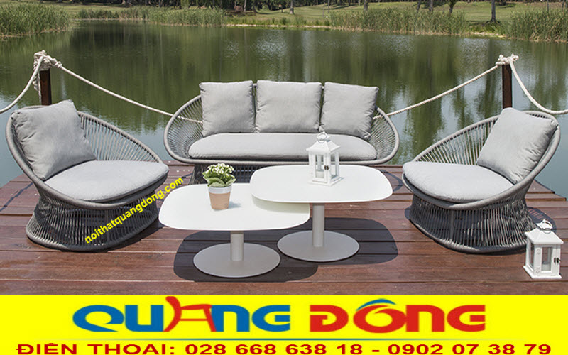 Bàn ghế giả mây QD-277, bàn ghế ngoài trời cao cấp, sử dụng nội ngoại thất đan sợi nhựa giả mây bản tròn