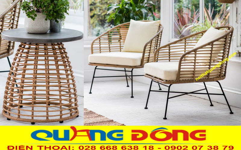 Bàn ghế ngoài trời giả mây QD-287 Bộ bàn ghế ngoài trời đan mây nhựa bản lớn, màu vàng giả mây, kiểu đan mới, độ bền cao cho không gian ngoài trời