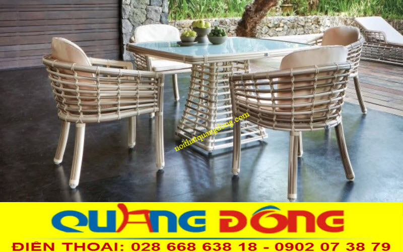 Bộ bàn ghế giả mây ngoai ftrowif QD-295 đan sợi mây nhựa bản lớn có hoạt chất kháng UV tia cực tím chịu mưa nắng