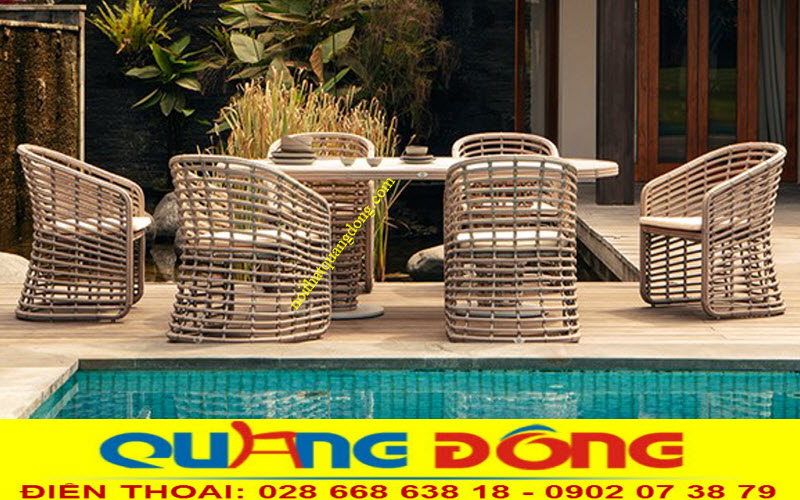 Bàn ghế giả mây QD-297 gồm 6 ghế 1 bàn dài Bàn ghế giả mây QD-297 thiết kế đẹp tiện dụng vừa làm bàn ghế cafe trà thay cho bộ bàn ăn lý tưởng ở ngoài trời