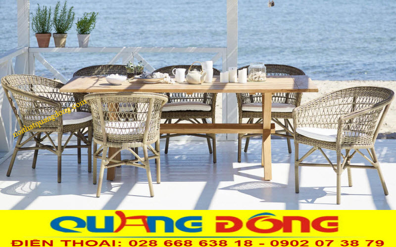 Bàn ghế giả mây QD-317 đep, cao cấp, màu sắc đẹp, đan mây nhựa sợi tròn, giá trị cao, khung bằng thép sơn tĩnh điện.