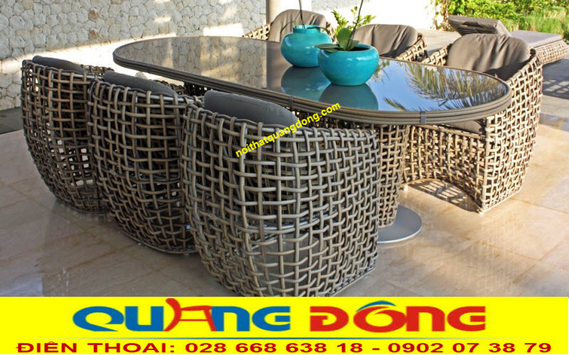 Bàn ghế nhựa giả mây QD-369, bàn ghế đan sợi bán nguyệt bản lớn, thiết kế đẹp, chất lượng cao.