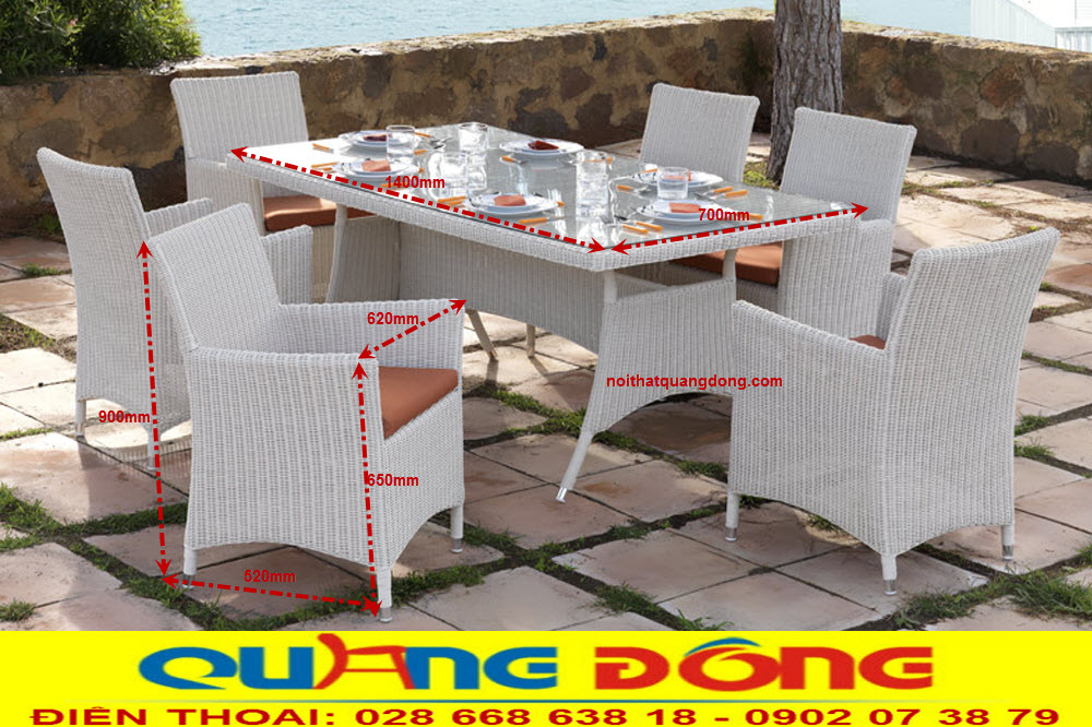 Bàn ghế giả mây QD-2018 màu xám mốc 6 ghế Bàn ghế giả mây QD-2018 bàn ghế được đan bằng sợi nhựa giả mây kháng tia uv, tia cực tím, khung bằng thép mạ kẽm, nhôm, inox 304 phun sơn tĩnh điện để tăng tính bảo vệ (bnaj có thể tùy chọn trong 3 loại khung)