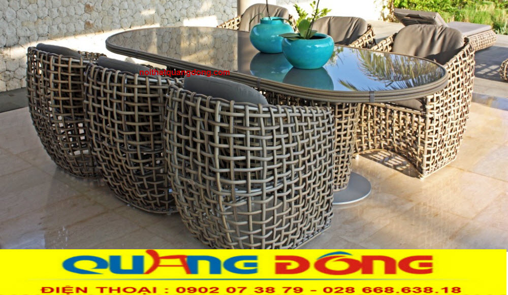 Bàn ghế giả mây QD-369|bàn ghế nhựa giả mây cao cấp. Bàn ghé giả mây QD-369 mẫu bàn ghế giả mây tre màu nâu đậm sang trọng.