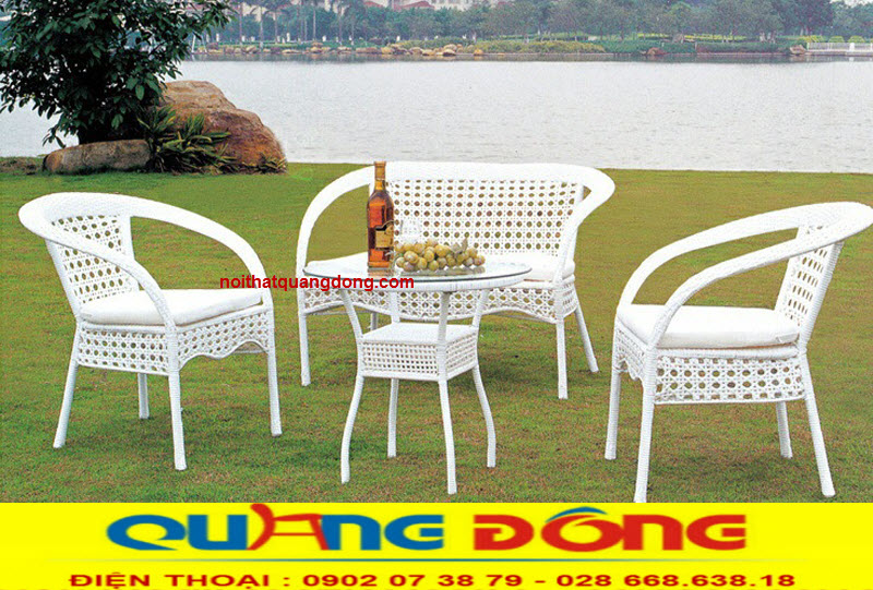 Bàn ghế giả mây QD-380|bàn ghế đan sợi nhựa giả mây cao cấp màu trắng Bàn ghế giả mây QD-380 bàn ghế đan sợi nhựa giả mây màu trắng kiểu mắt cáo đẹp mắt