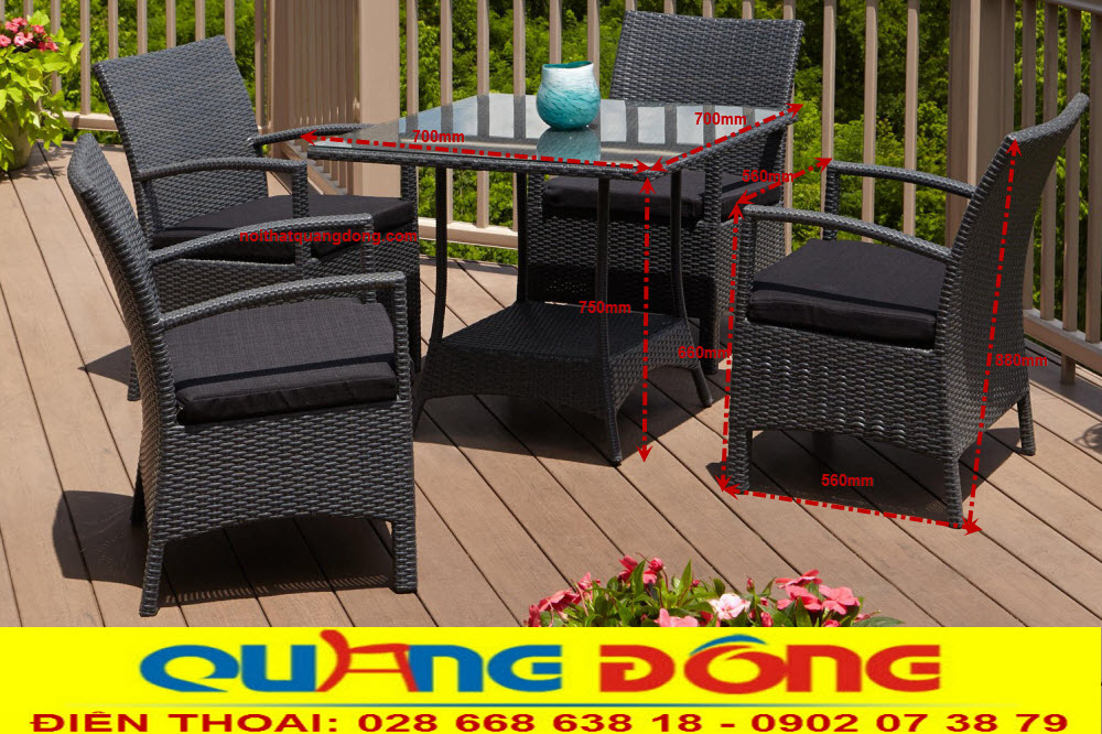 Bàn ghế giả mây QD-396 màu đen, cao cấp Bàn ghế giả mây QD-396 màu đen phù hợp với gu thẩm mỹ hiện đại ngày nay, kích thước thoải mái, giá cả hợp lý, chất lượng từ những nguyên liệu cao cấp đạt chuẩn nhất thị trường hiện nay đem đến chất lượng hoàn hảo nhất.