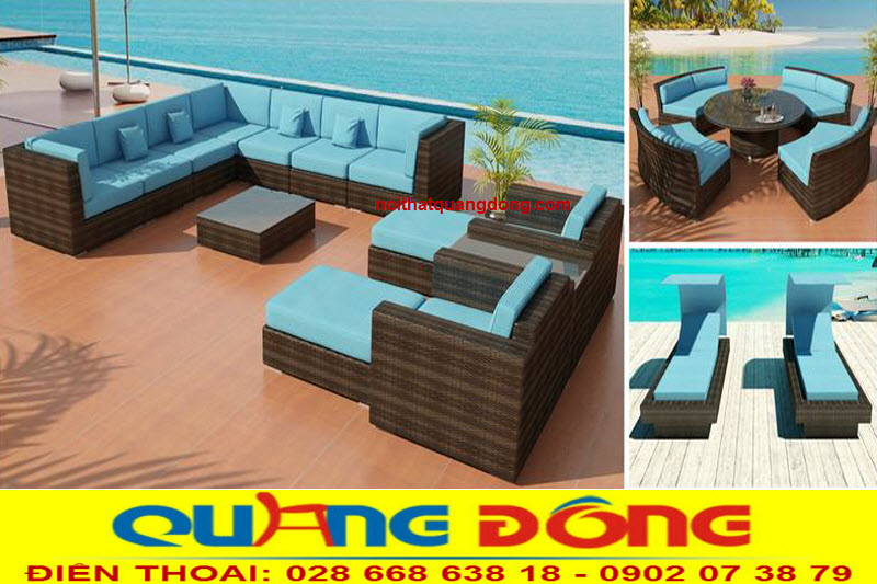 Bàn ghế giả mây sản xuất ở công ty TNHH NỘI THẤT QUANG ĐÔNG là những sản phẩm giành cho không gian ngoài trời kết hợp với sofa dạng vuông tròn, tròn đa dạng, ghế hồ bơi mây nhựa hiện đại. sang chảnh cho hồ bơi.