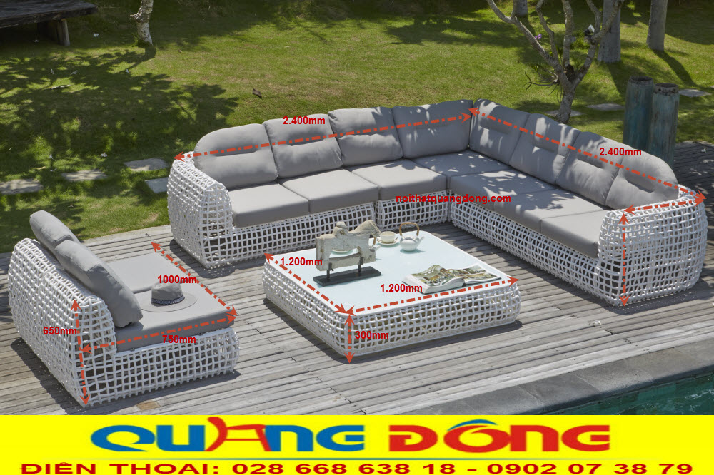 sofa giả mây QD-661 thiết kế sang trọng cho phòng khách hoặc sân vườn, mang nét đẹp đặc trưng mây nhựa cao kháng tia UV, tia cực tím, 