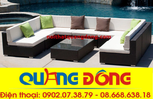 sofa nhựa giả mây qd-626, sofa ngoài trời mẫu sofa ngoài trời hình chữ u đepmắt được làm bằng sợi nhựa giả mây màu đen nêm trắng tạo điểm nhấn ấn tượng