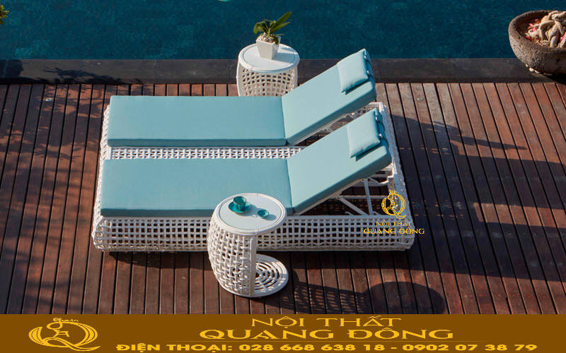 Ghế nằm hồ bơi mây nhựa QD-587 từ sợi mây nhựa bán nguyệt bản to