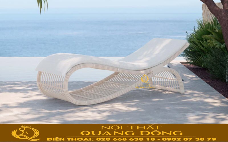 Ghế nằm hồ bơi QD-597 đan nhựa giả mây sợi tròn bản lớn bền đẹp tính thẩm mỹcao