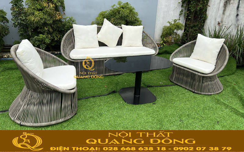 Sofa giả mây QD-758 sử dụng khung thép chắc chắn kết hợp sợi mây nhựa chuyên dùng ngoài trời