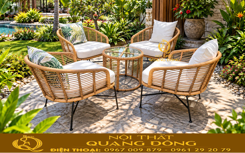 Nhờ cấu tạo và thiết kế đẹp bàn ghế giả mây QD-2116 phù hợp nhiều không gian Bàn ghế giả mây QD-2116 phù hợp nhiều không gian