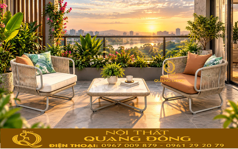 Bàn ghế giả mây QD-2118 sử dụng khung thép sơn tĩnh điện chắc chắn