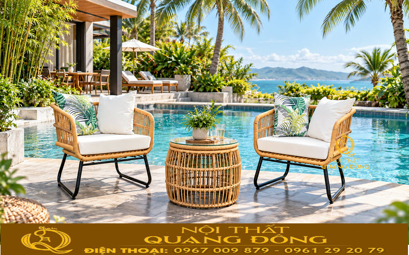 Không gian tiện nghi và thư thái hơn khi được trang trí bàn ghế giả mây QD-2119 Bàn ghế giả mây QD-2119 phù hợp với nhiều không gian