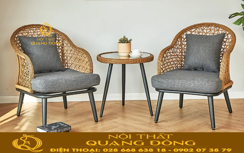 Bộ bàn ghế sân vườn|Bàn ghế giả mây QD-309 Mẫu bàn ghế mây nhựa đan sợi tròn thủ công, màu trắng, khung vững chắc, bạn có thể chọn màu sắc khác cho sân vườn của mình.