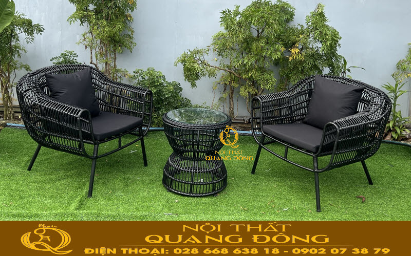 Bàn ghế mây nhựa QD-342 màu đen Nội thất Quang Đông