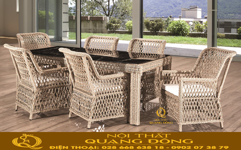 Bàn ghế giả mây QD-379 thiết kế mây tre ấn tượng, màu sắc đẹp, phù hợp nhiều không gian.