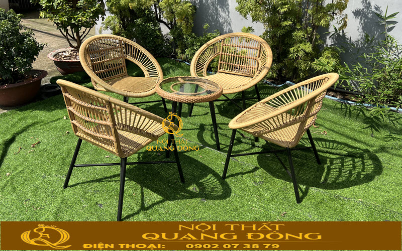 Bàn ghế giả mây QD-2115 đan bằng sợi mây nhựa cao cấp chịu nắng mưa